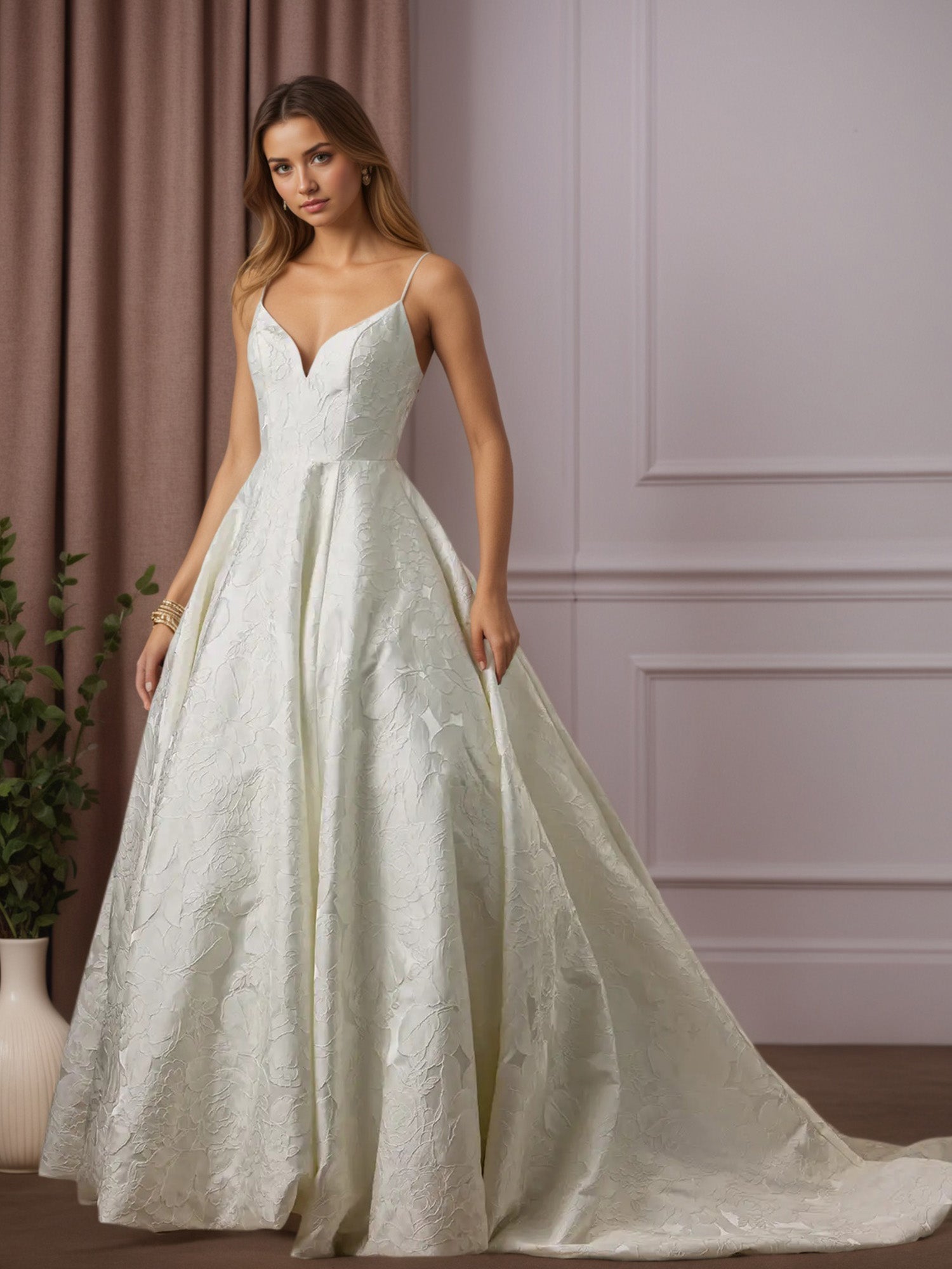 White V-Neck Ball-Gown with Pockets Floral Jacquard Wedding Dress