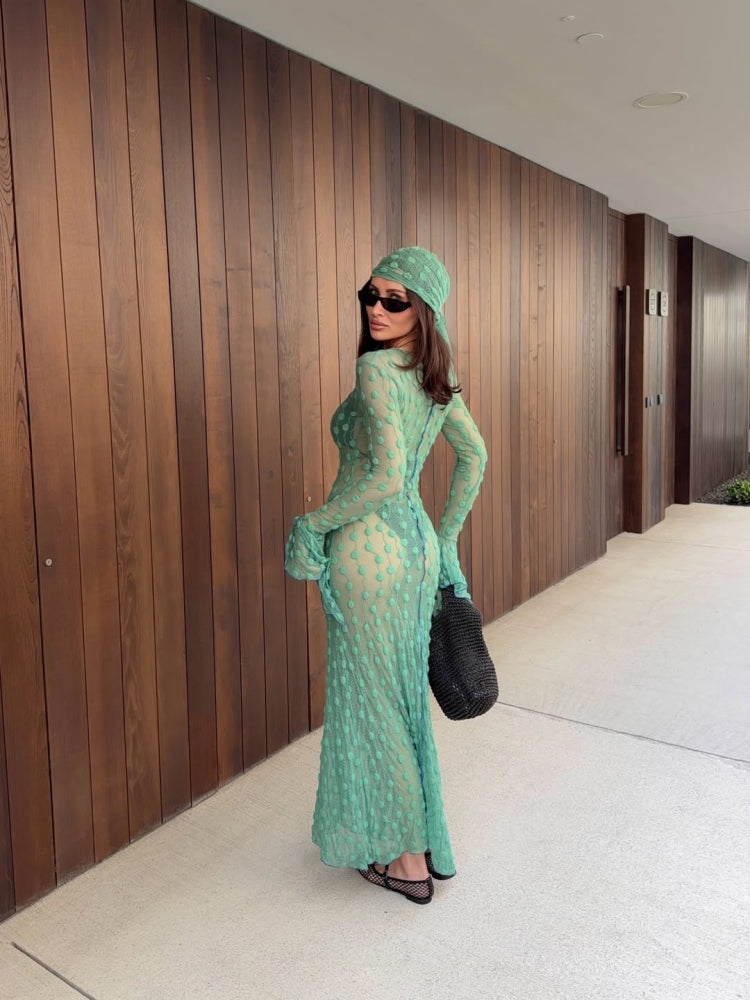 Green Sheer Dot Maxi Dress