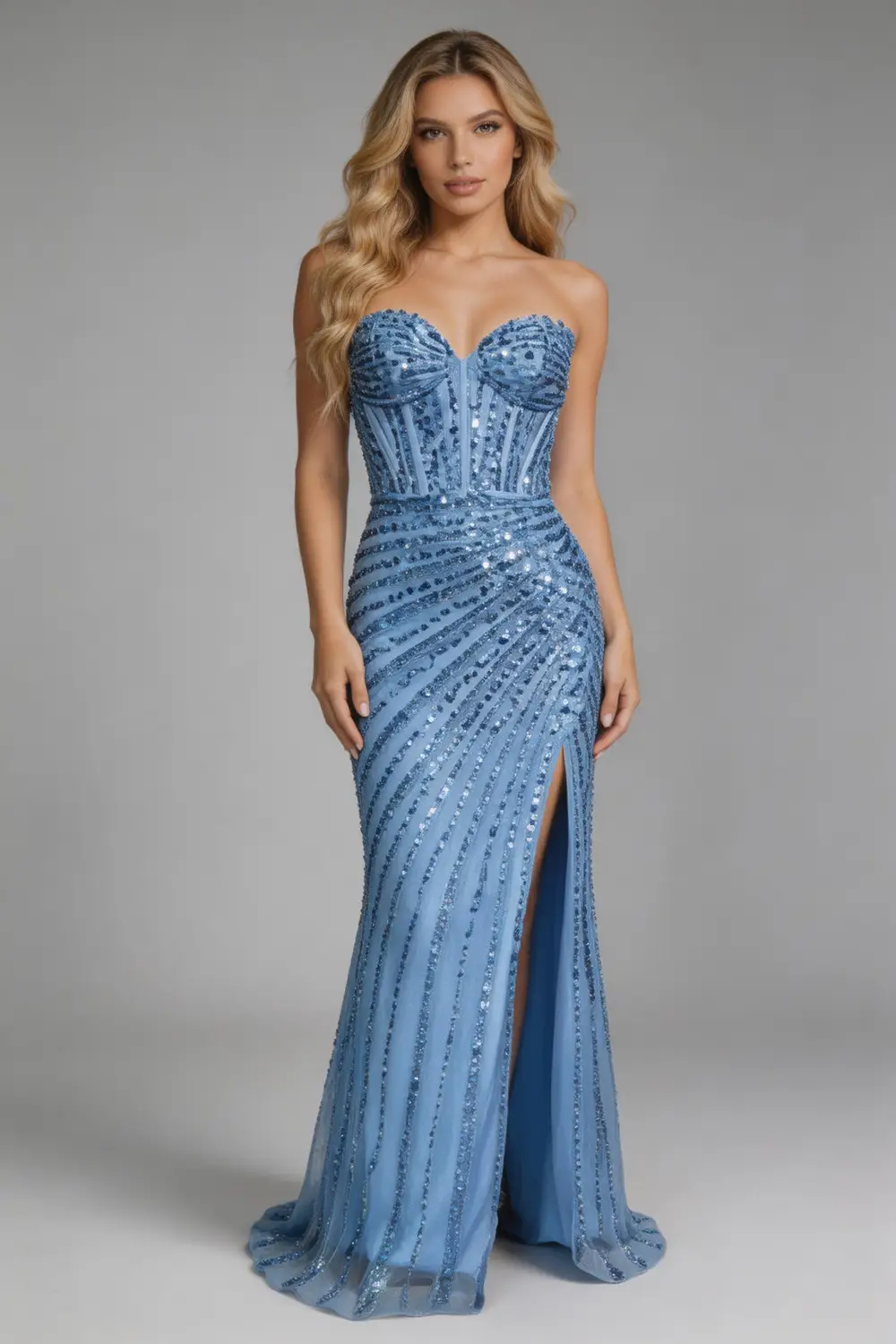 Sky Blue Strapless Sequin Mermaid Prom Dress, Formal Evening Gown with High Slit by tangjianjun