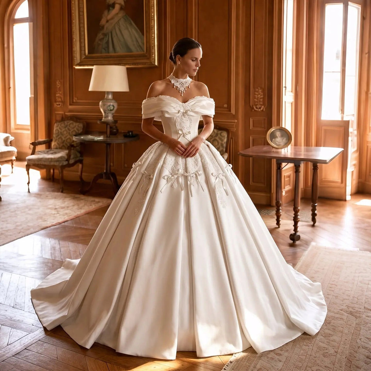 Off the Shoulder White Satin Ball Gown Wedding Dress with Long Cathedral Train ZP017 - VelvetHem