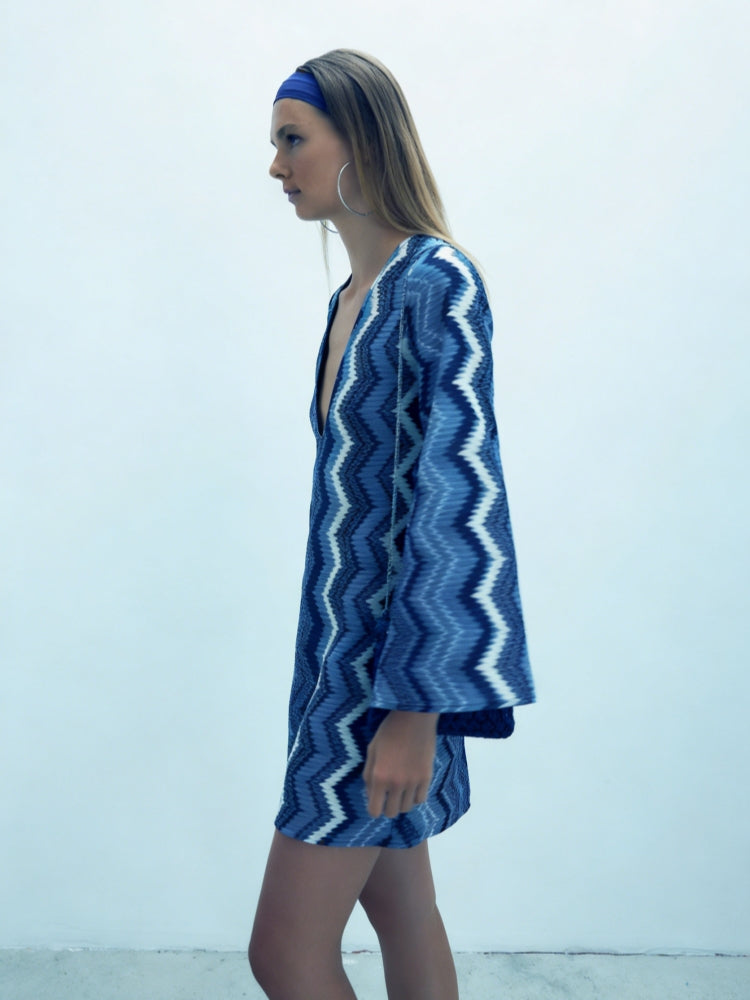 Blue Zigzag Knit Mini Dress