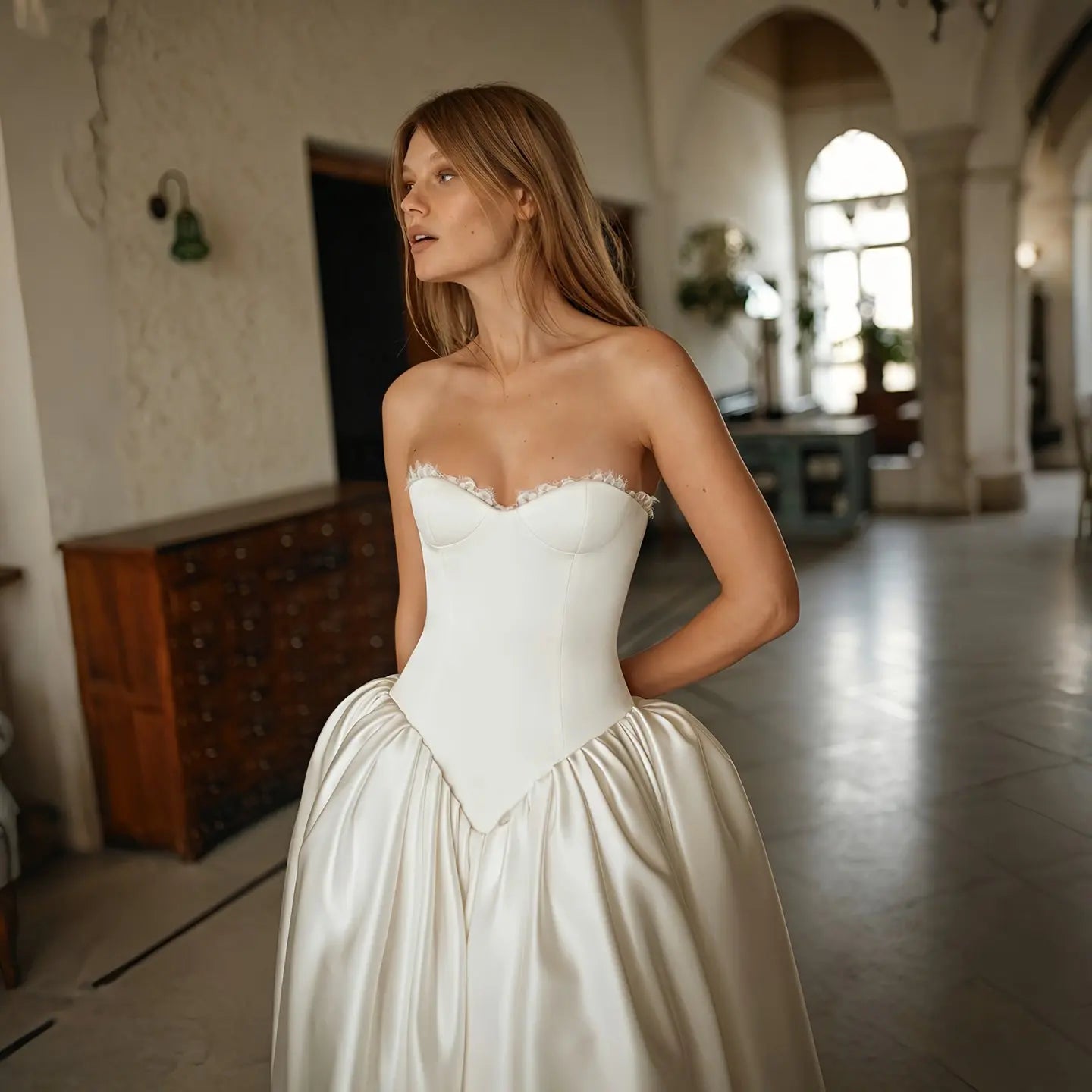 Minimalist Strapless Lace Trim Corset Satin Ball Gown Wedding Dress ZP043