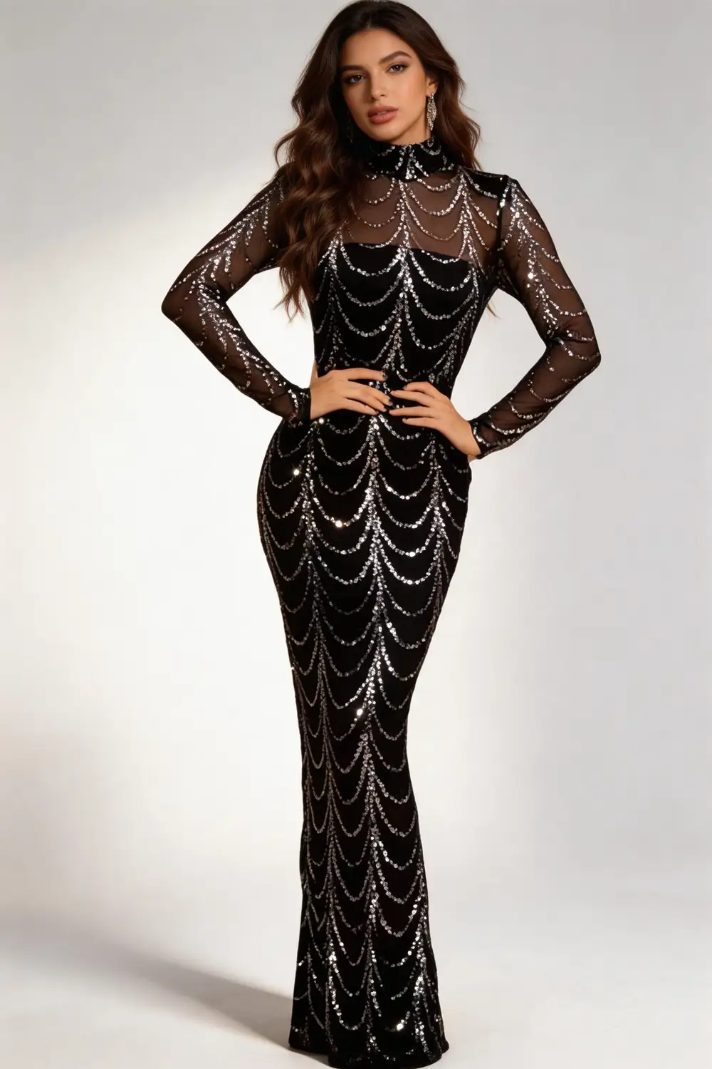 Luxury Black Silver Sequin Mesh Mermaid Evening Gown, Long Sleeve Formal Prom Dress by tangjianjun