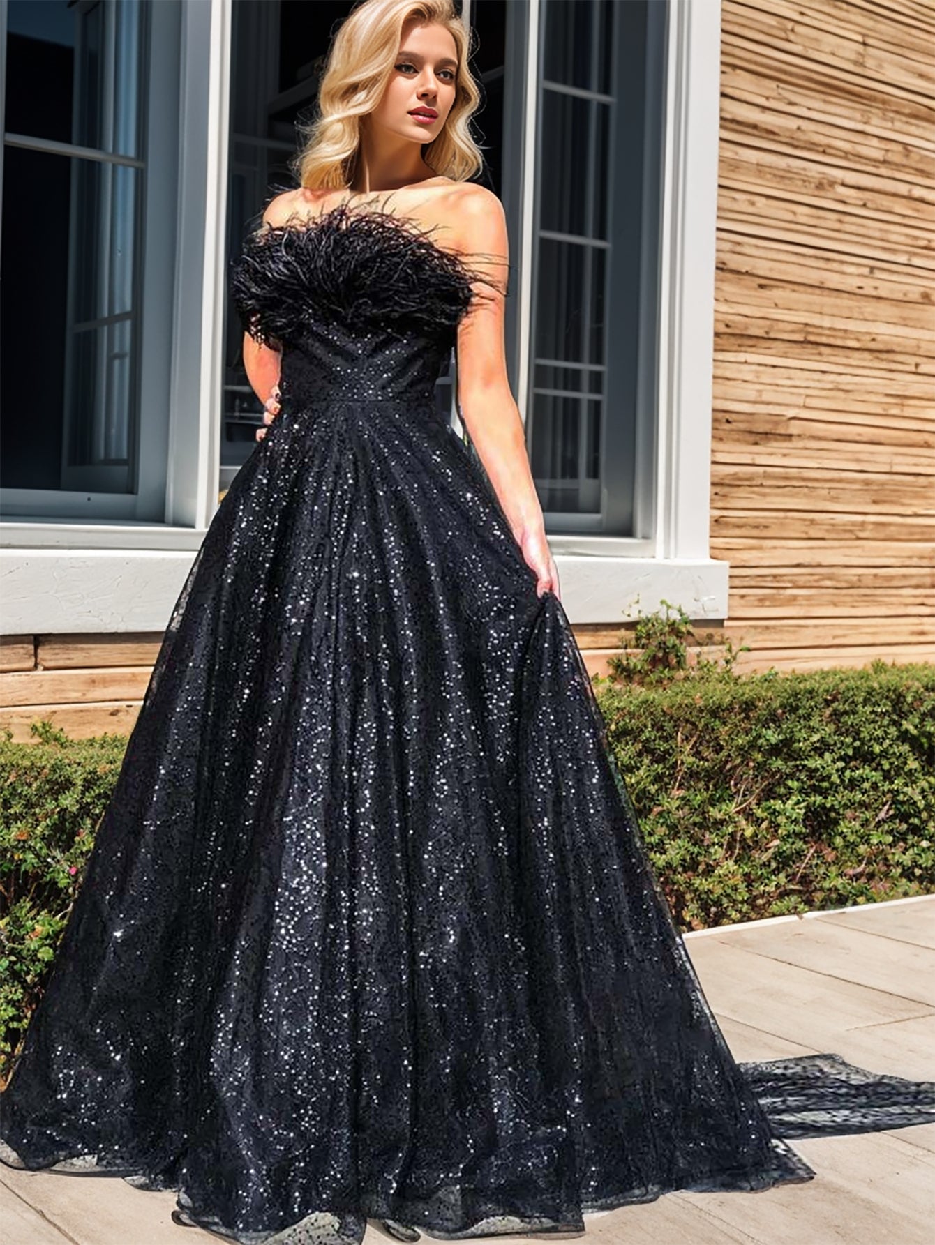 A Line Sequins Strapless Black Long Prom Dress - Fashionpara