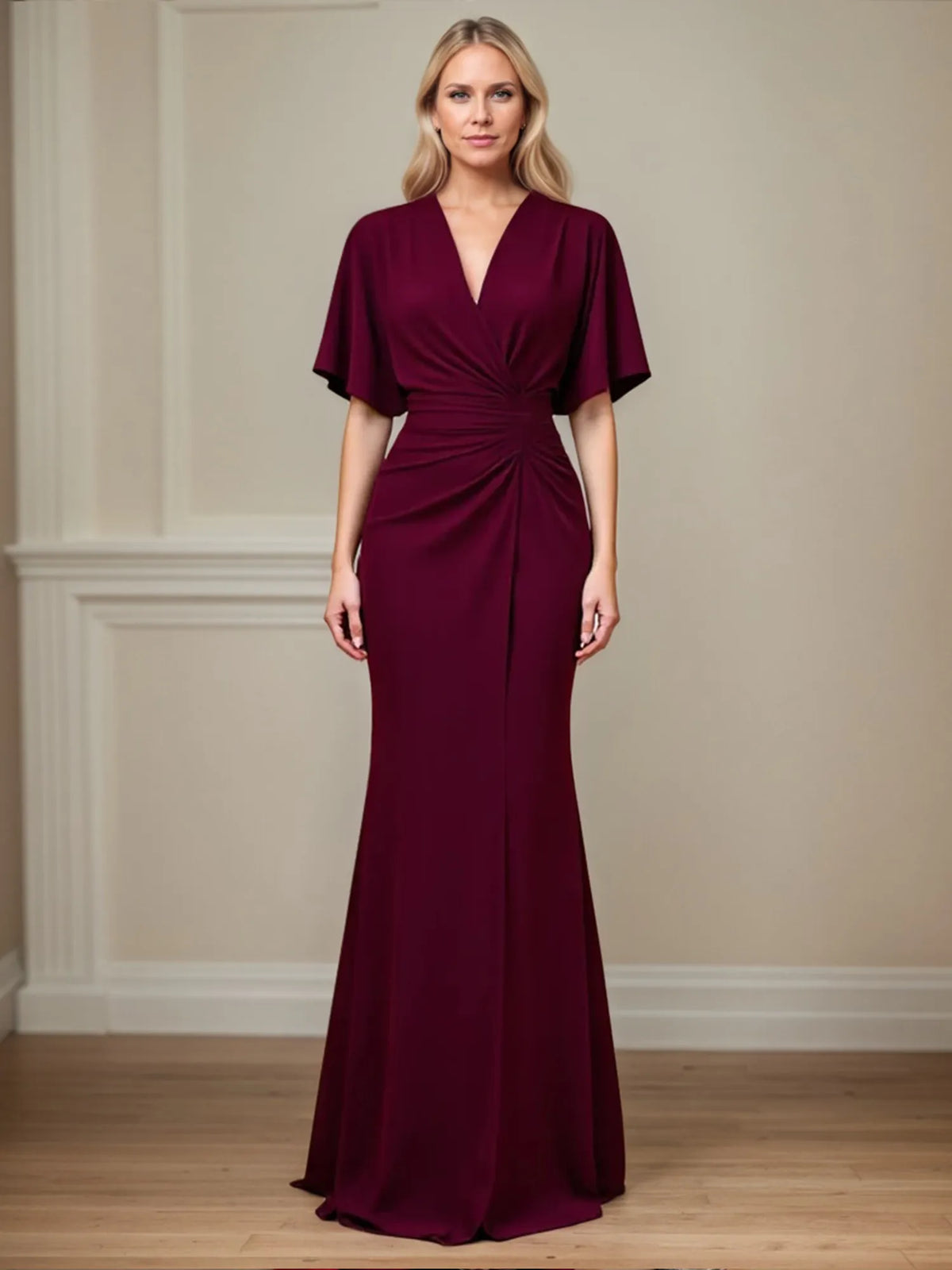 Trumpet/Mermaid V-Neck Ruched Floor-Length Mother of the Bride Dress - FashionDia