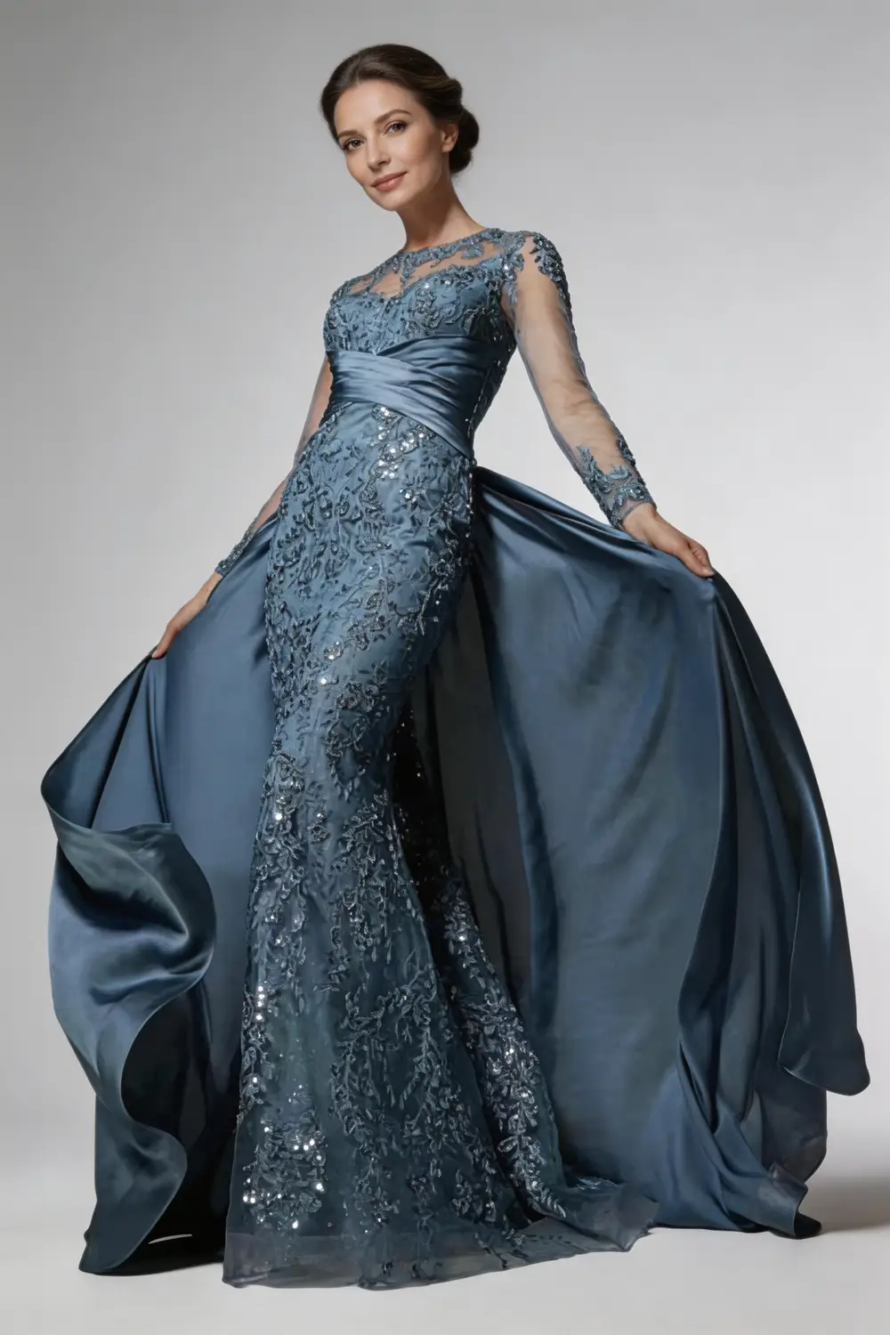 Elegant Steel Blue Mermaid Mother of the Bride Dress with Detachable Train by tangjianjun