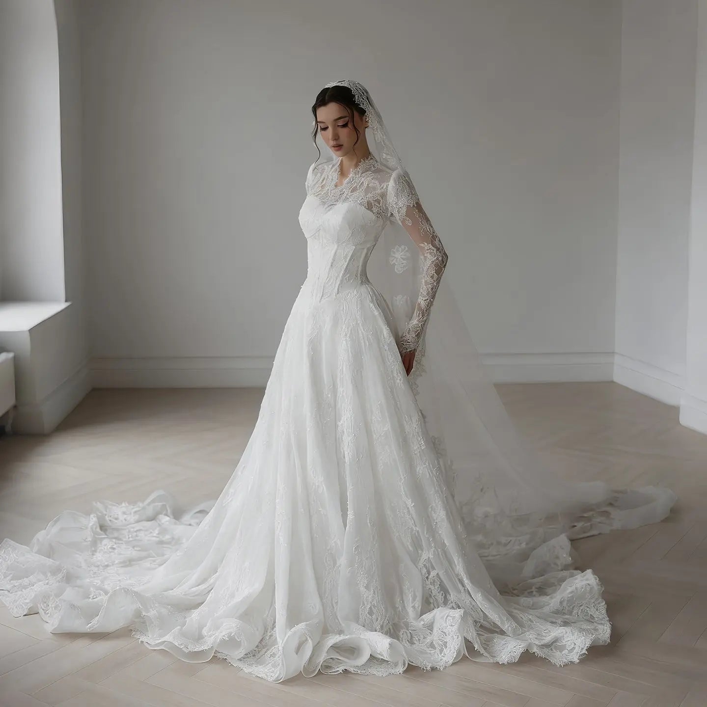 Romantic White Lace Long Sleeve A-Line Wedding Dress with Veil ZP109