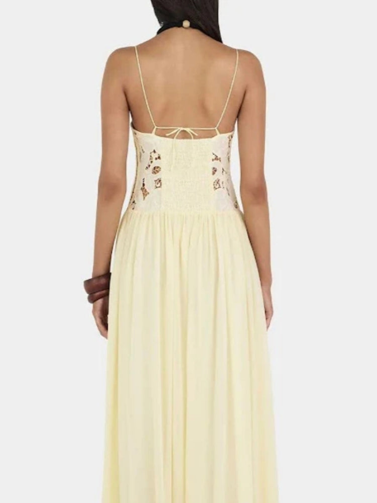 Creamy Yellow Lace Appliqu�� Chiffon Maxi Dress