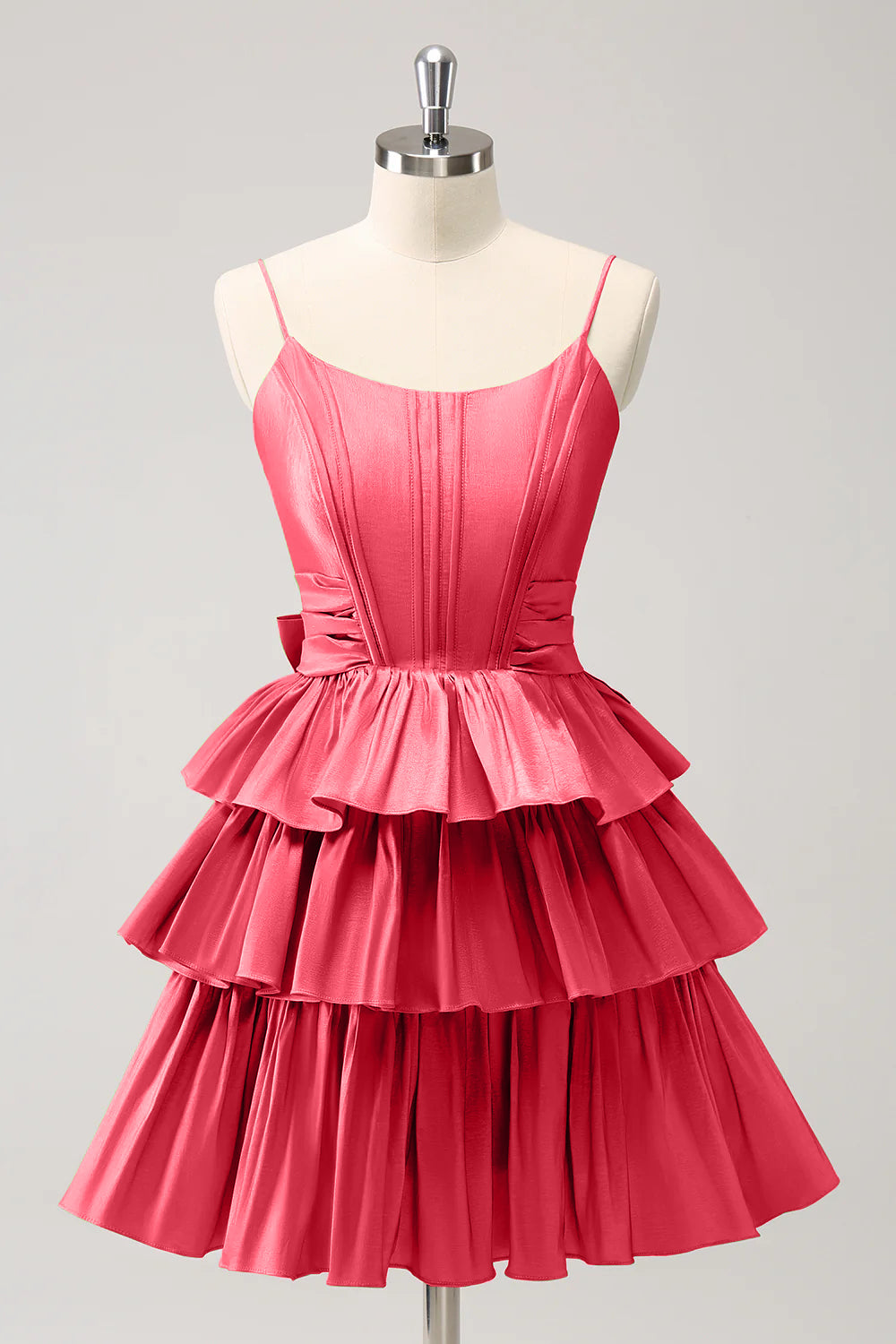 A-Line Spaghetti Straps Corset Tiered Ruffle Homecoming Dress with Bow - FashionDia