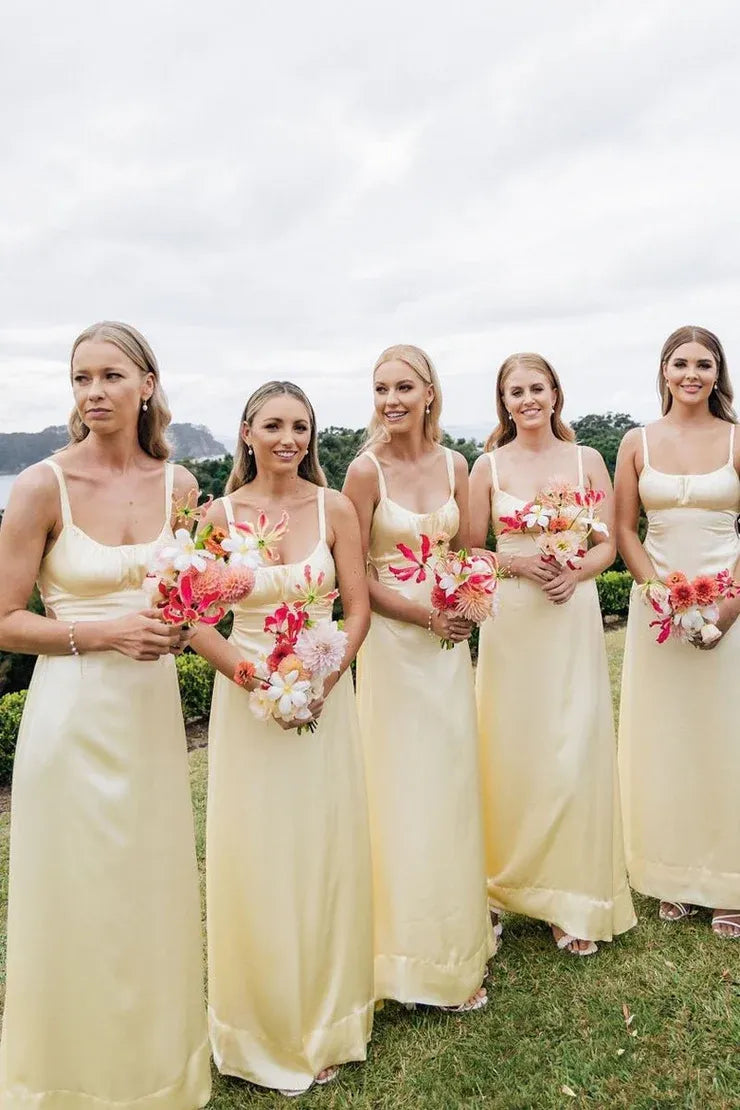 Sheath Spaghetti Straps Cutout Long Bridesmaid Dresses - FashionDia