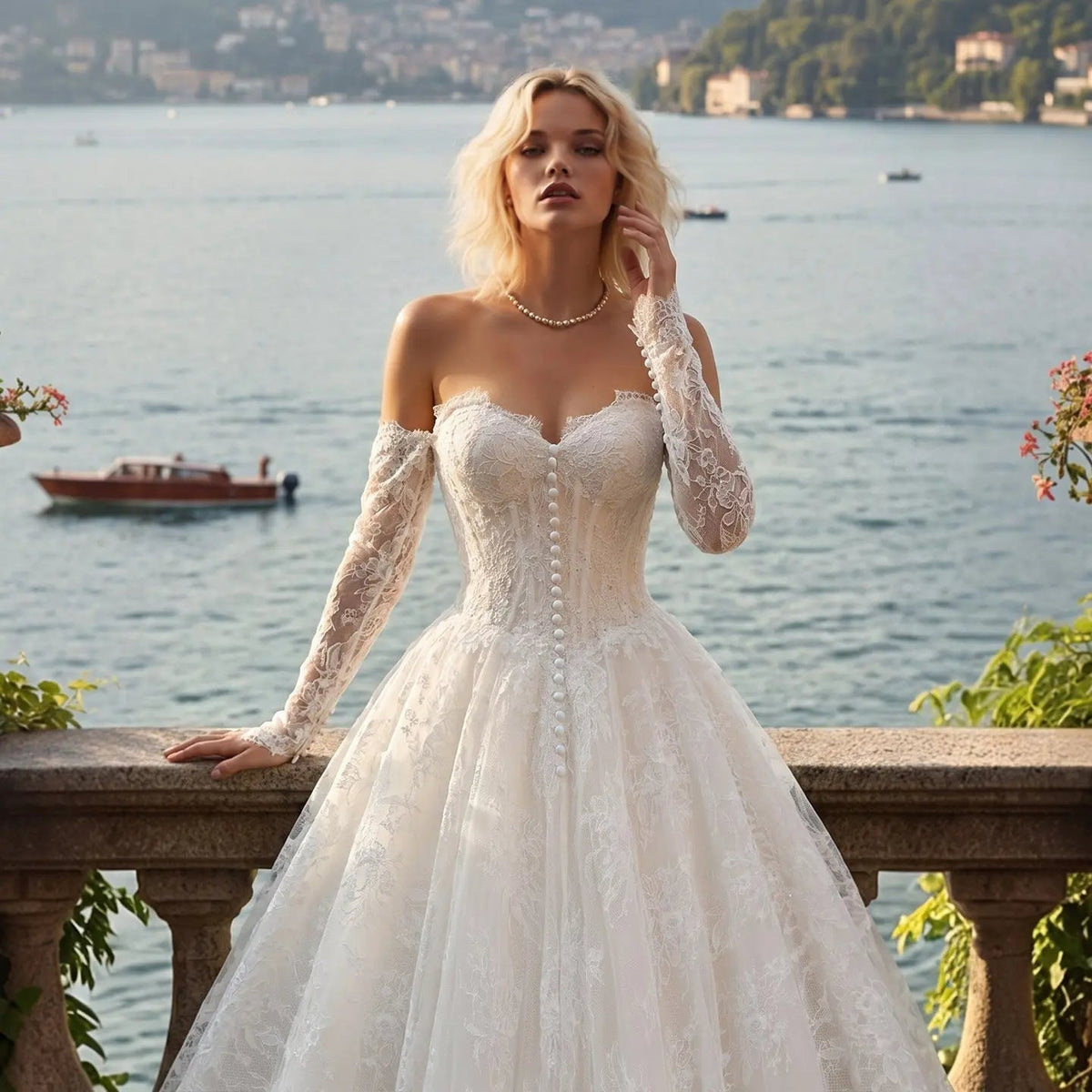 White Floral Lace Ball Gown Wedding Dress with Sweetheart Neckline and Detachable Long Sleeves ZP015 - View 2 | VelvetHem