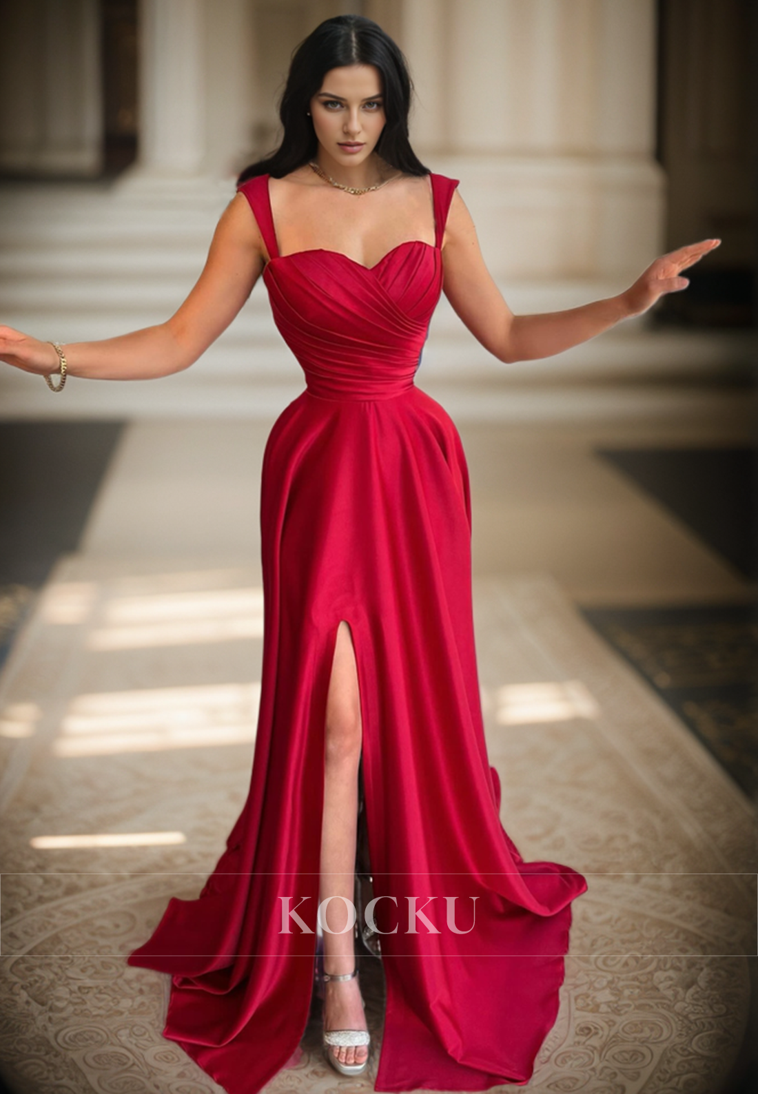L3091 - Classic & Timeless Straps Sweetheart A-Line Satin Evening Party Prom Dress With Split