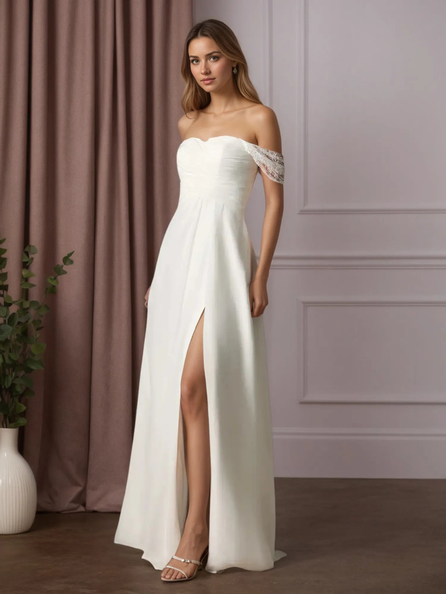 White A-Line Off the Shoulder Chiffon Wedding Dress