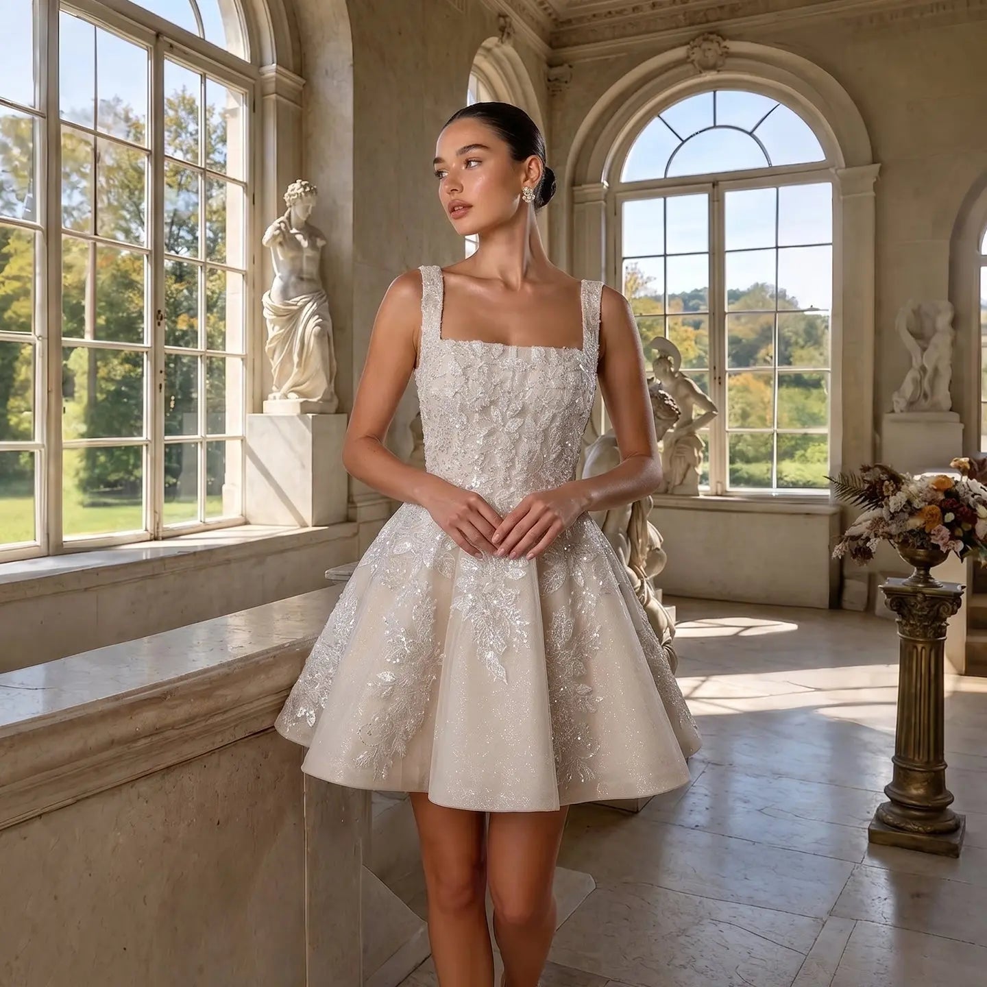 Romantic Champagne Sleeveless A-Line Short Wedding Dress with Deep V Back ZP046