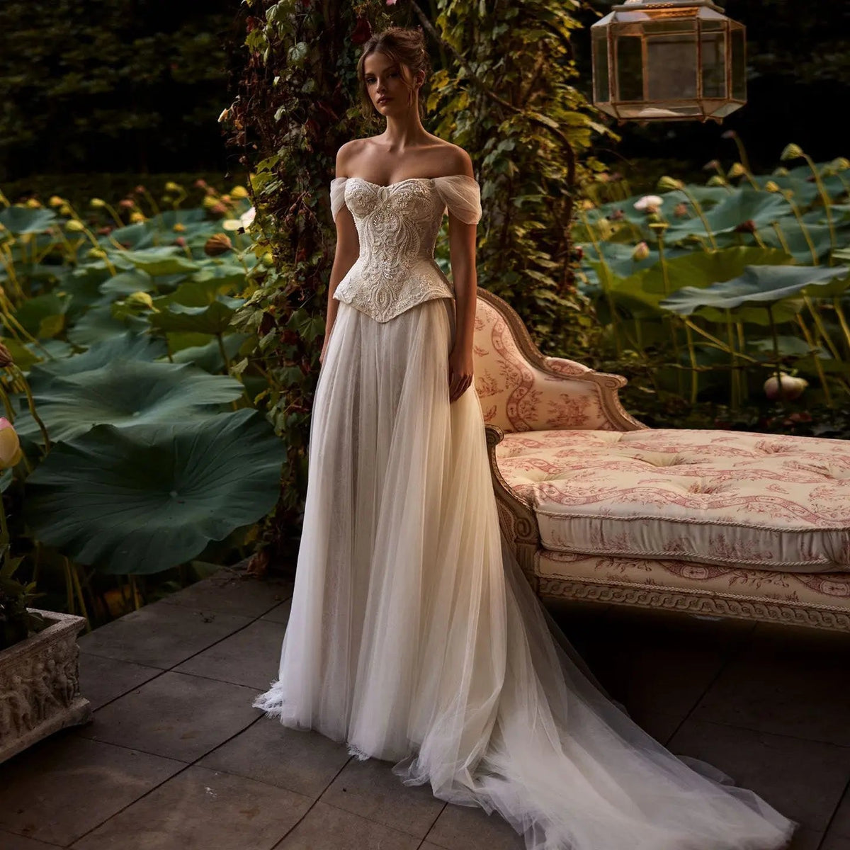 Luxury Ivory Off-the-Shoulder Lace Corset Tulle Train Wedding Dress ZP135