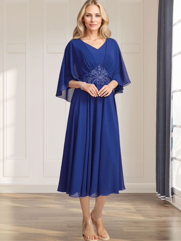 A-line V-Neck Tea-Length Chiffon Mother of the Bride Dress With Pleated Sequins Appliques Lace Beadind - FashionDia