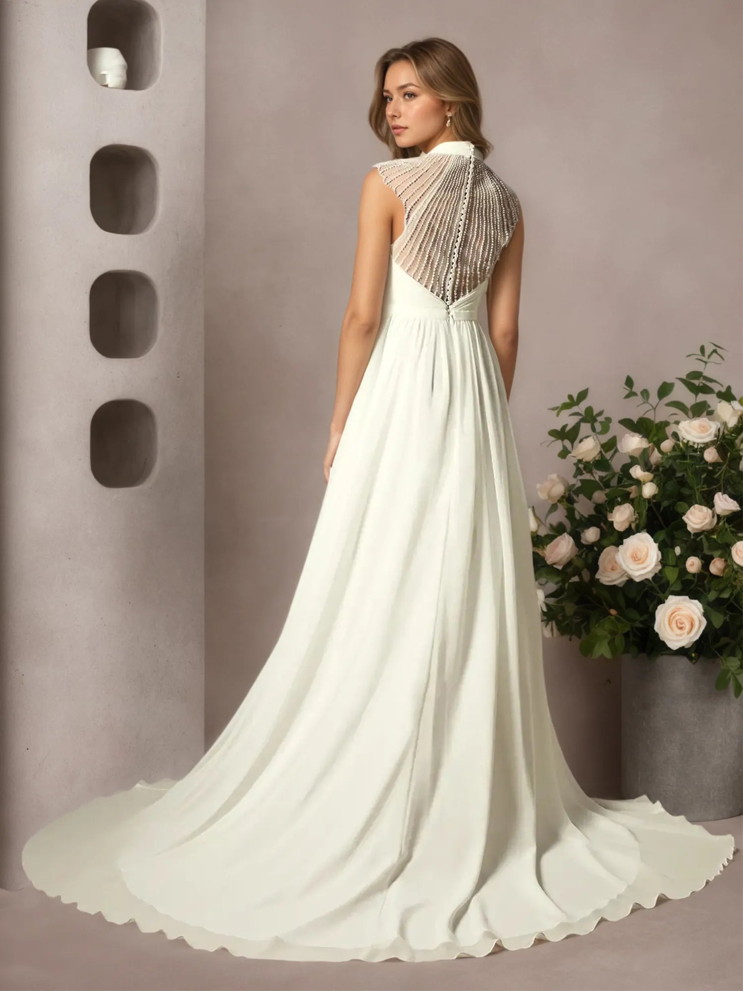 Cream A-Line Pleated Chiffon Dress