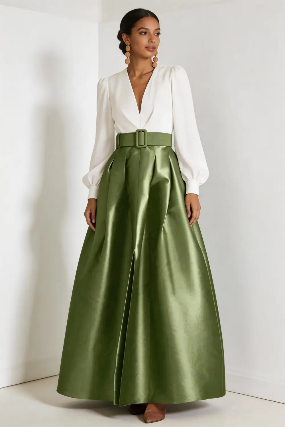 Two Piece Sage Green Satin Maxi Skirt Set With White V Neck Blouse (ZD17148)