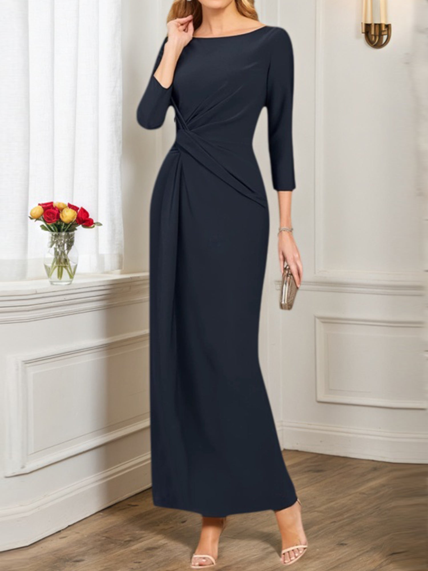 Mother of th Bride Dress Navy Boat Neck Maxi 3/4 Sleeve Dress