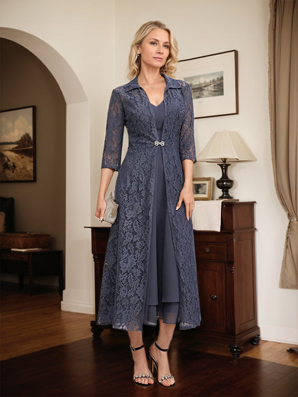 A-line V-Neck Tea-Length Chiffon Mother of the Bride Dress