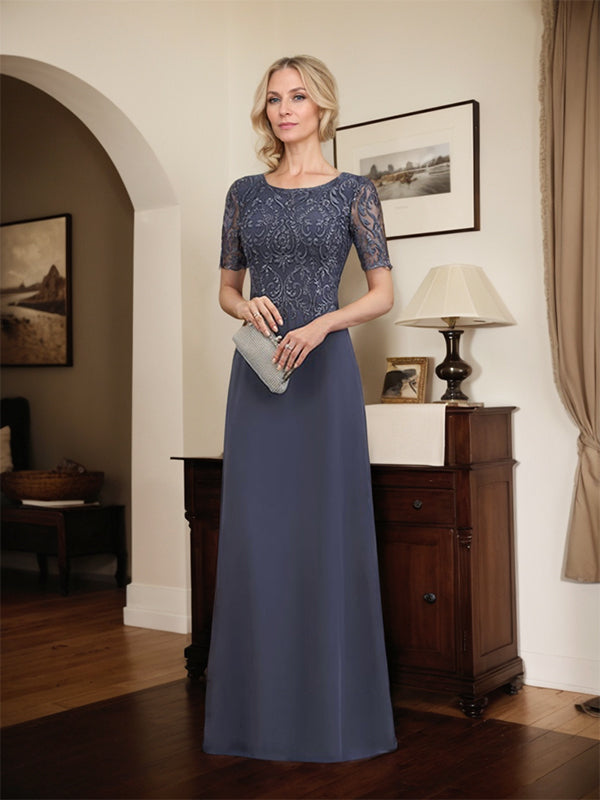 A-line Scoop Floor-Length Lace Chiffon Mother of the Bride Dress With Sequins - FashionDia