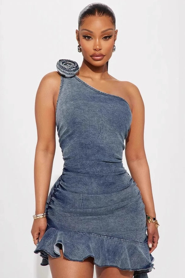 Floral Ruched Denim Dress - View 2 | VelvetHem