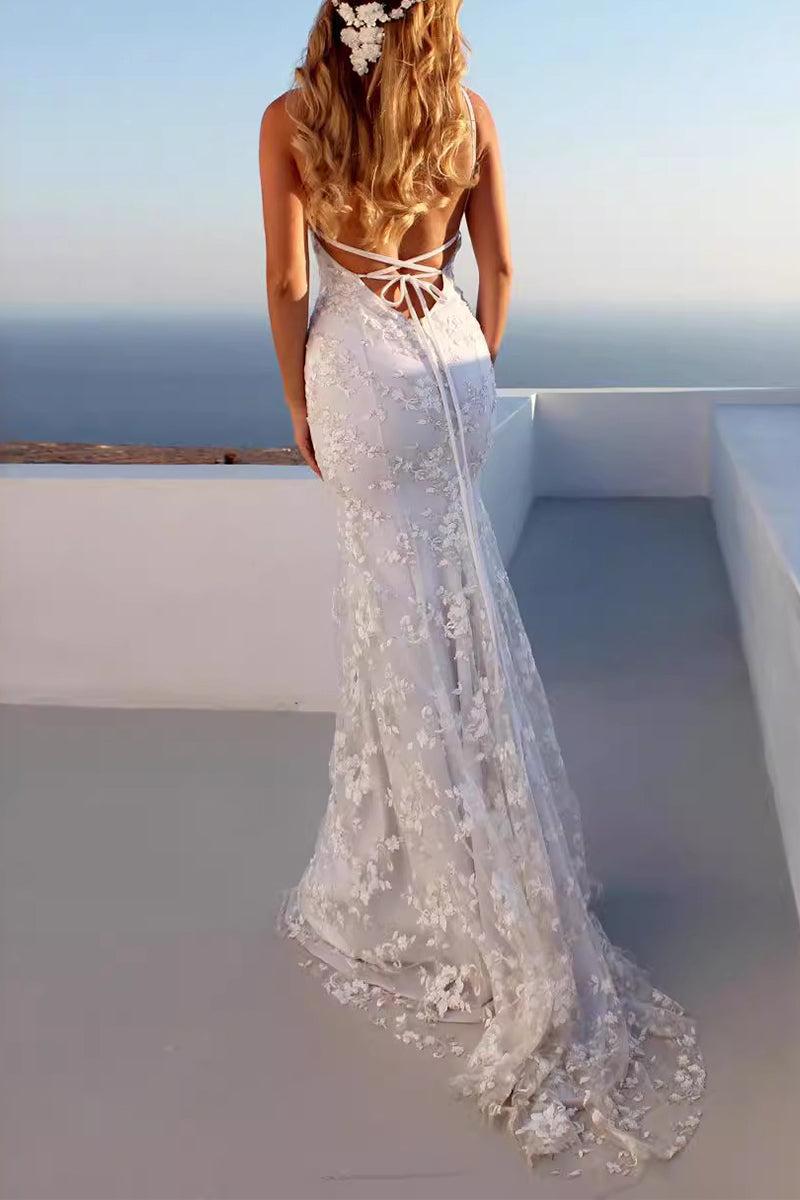 Sexy Solid Color Lace Backless Patchwork V Neck Evening Dresses(3 Colors) - View 4 | VelvetHem