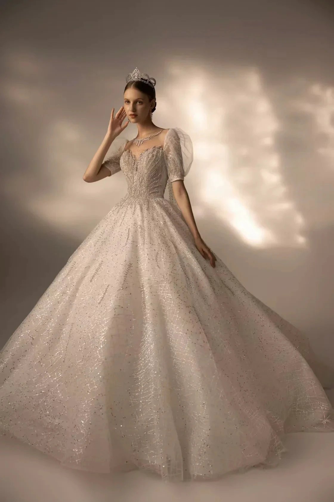 Sparkling Ball Gown Sweetheart Neck Tulle Wedding Dress with Beaded Embroidery & Sheer Puff Sleeves (ZD16917)