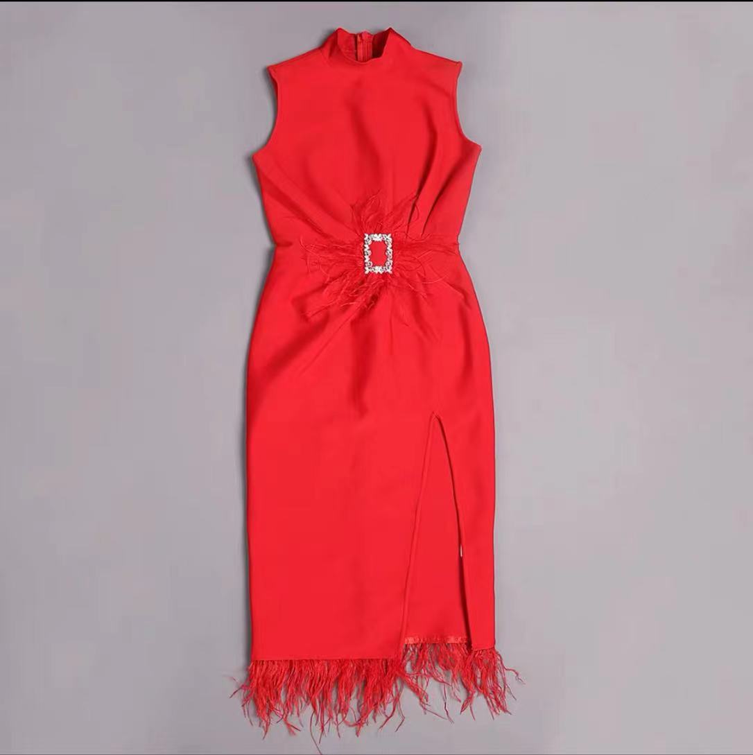 Beaded Belt Bandage Evening Dress Sleeveless Split Feather Party Tight Dress Cocktail - View 4 | VelvetHem
