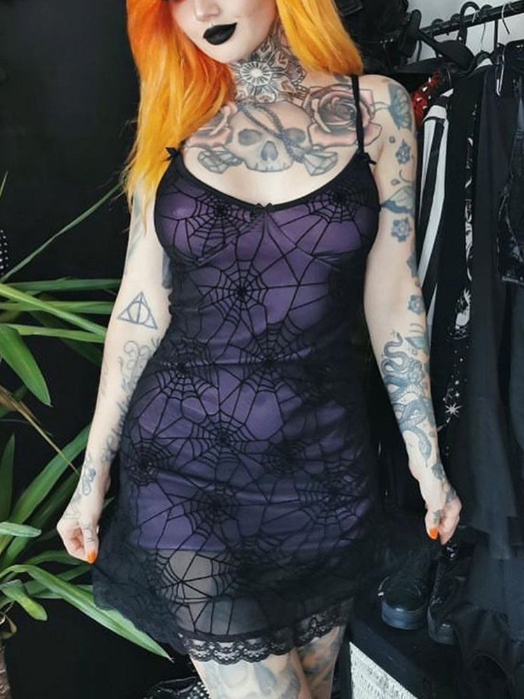 Gothic Lace Stretch Spaghetti Strap Spider Web Print Contrast Lace Cami Grunge Dress - VelvetHem