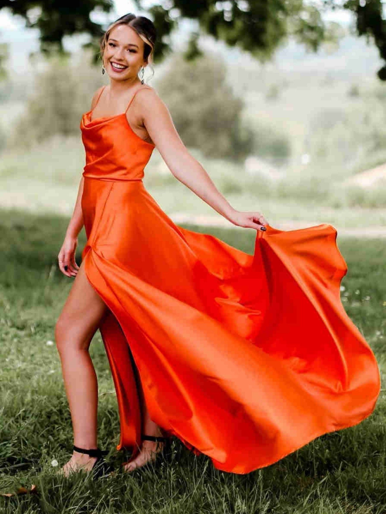 Orange Satin A Line Tight Long Prom Dress With Slit - Fashionpara