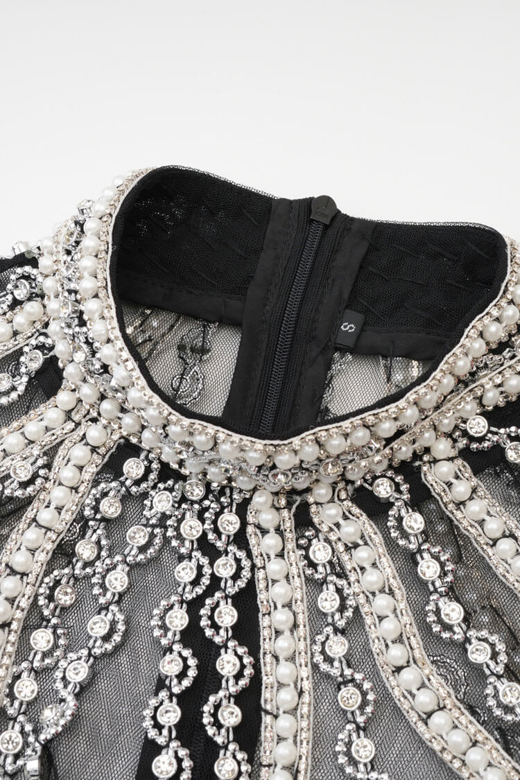 Luxury Crystal Pearl Beaded Drop Waist Tiered Tulle Maxi Evening Dress - View 5 | VelvetHem