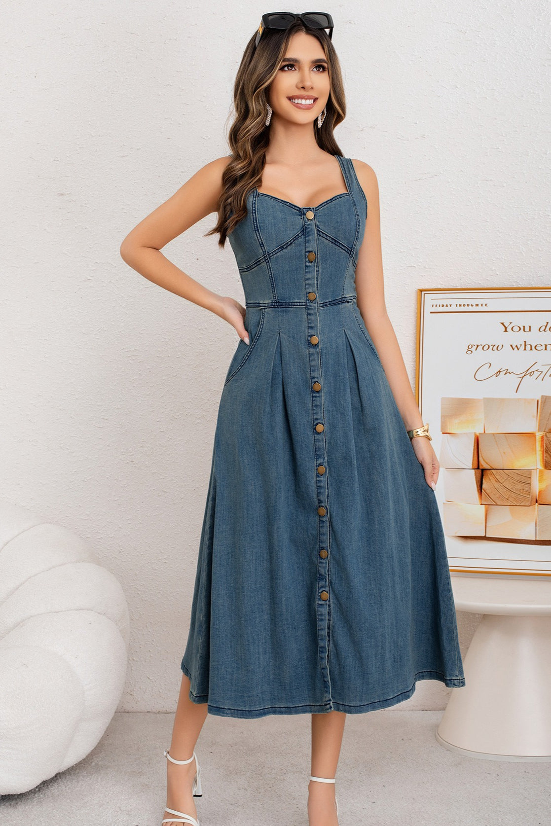 Washed Button Front Cami Denim Dress - View 11 | VelvetHem