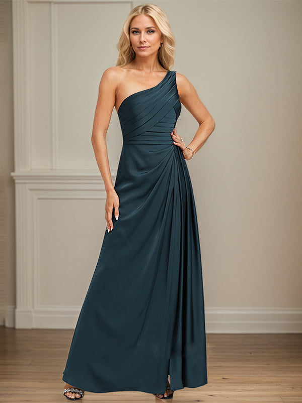 Dark Navy A-Line One-Shoulder Floor-Length Satin Bridesmaid Dress With Ruffle - FashionDia