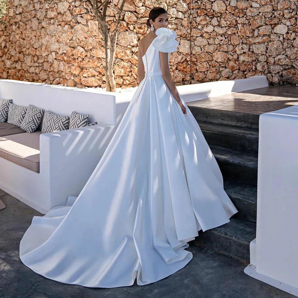 Elegant A-Line One Shoulder Stain Wedding Dress Beading Sleeveless Bridal Gowns For Women Custom Made Vestido De Novia (ZD13410)