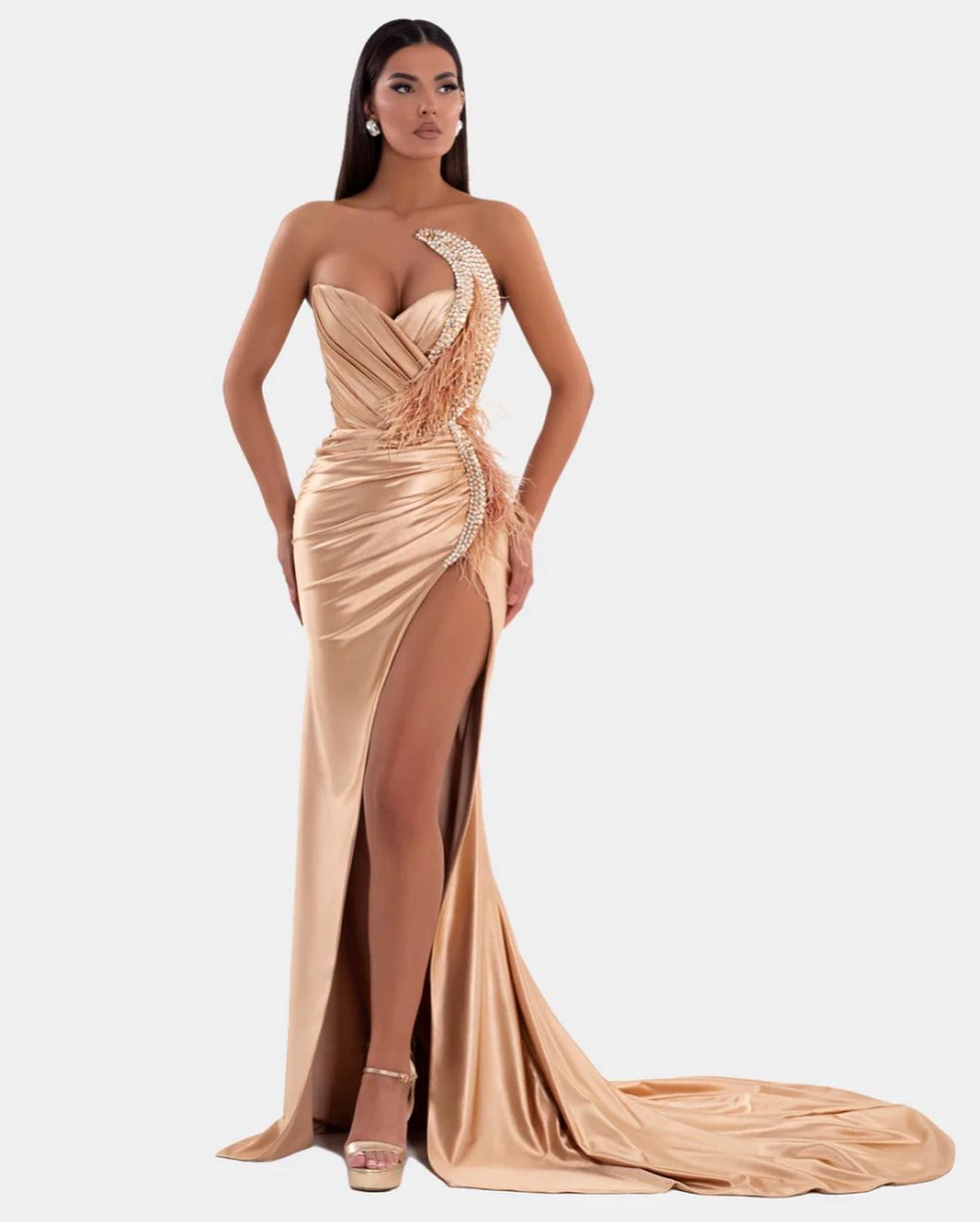 Sexy V-Neck High Slit Pleated Strapless Royal Blue Prom Dress - View 3 | VelvetHem