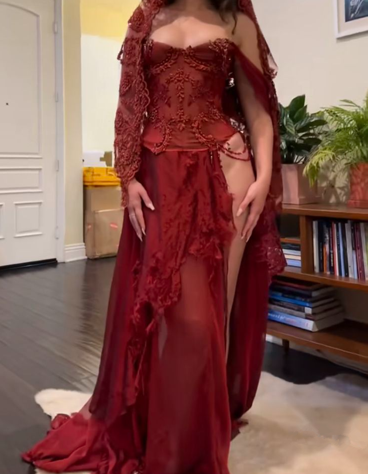 Burgudny Off Shoulder Long Dress Evening Party Dress fg7404 - VelvetHem