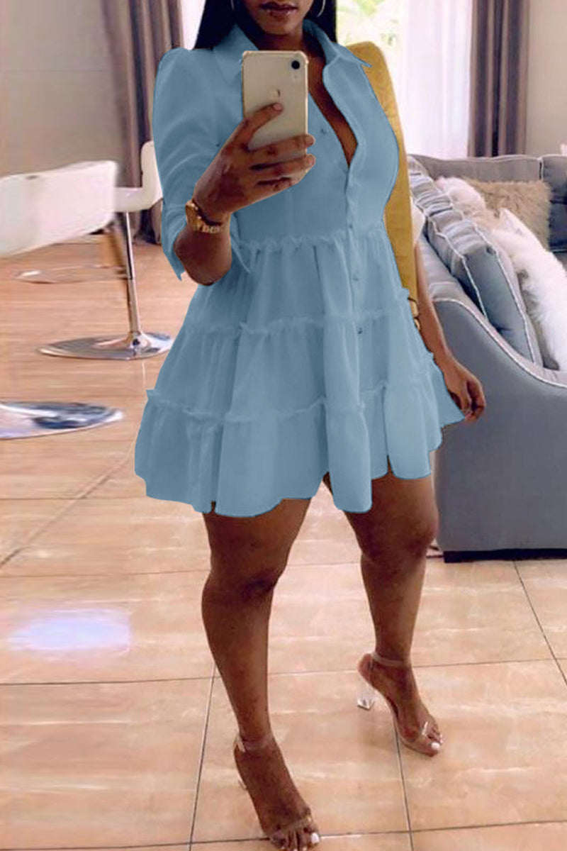 Fashion Casual Solid Turndown Collar Shirt Dress - Fashionpara