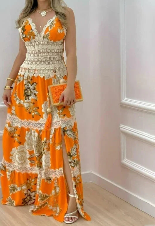 Floral Lace Split Hem Maxi Dress - View 2 | VelvetHem