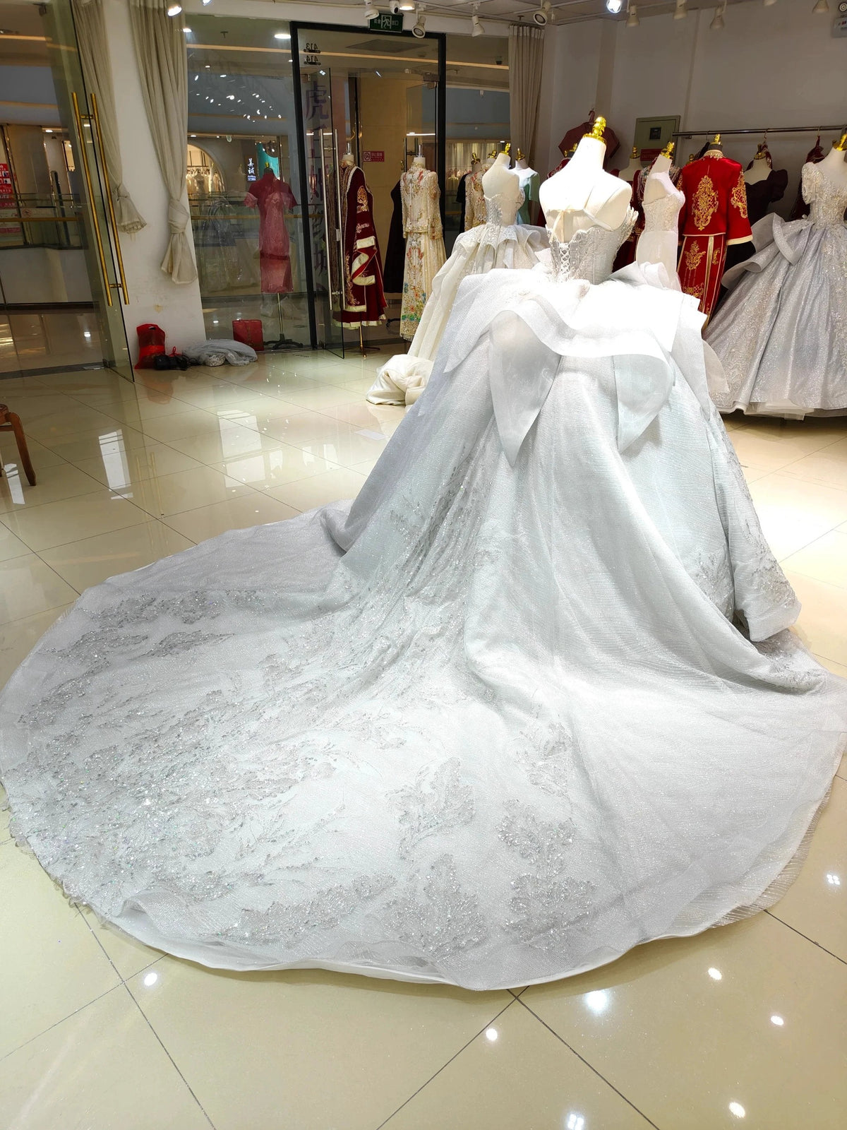 Silver Haze Strapless Ballgown: Gilded Beaded Bust & Ruffled Train (ZD16775)