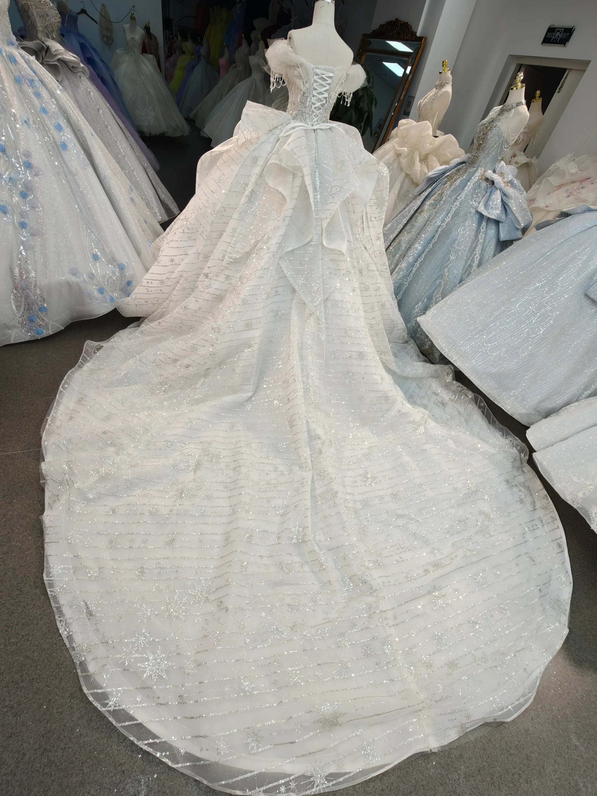 Ivory Starlight Off-Shoulder Ballgown Celestial Sequin Skirt & Beaded Tassel Bodice (ZD16790)