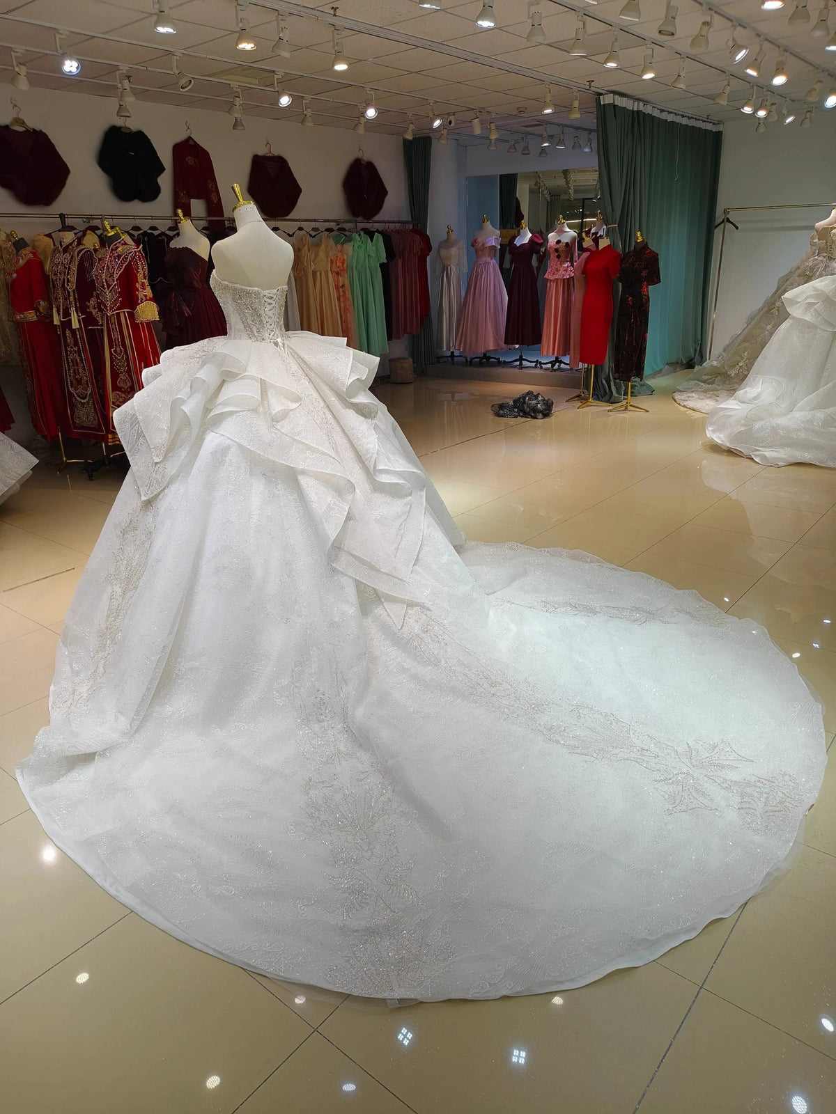 White Gleam Strapless Ballgown Beaded Bust & Ruffled Train (ZD16779)
