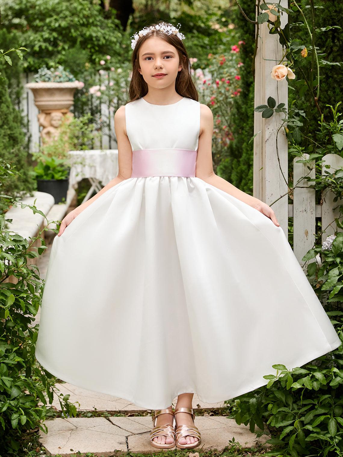 Ivory Satin Flower Girl Ball Gown with Sash Bow | Ankle-Length Tulle Dress (010007314) - VelvetHem