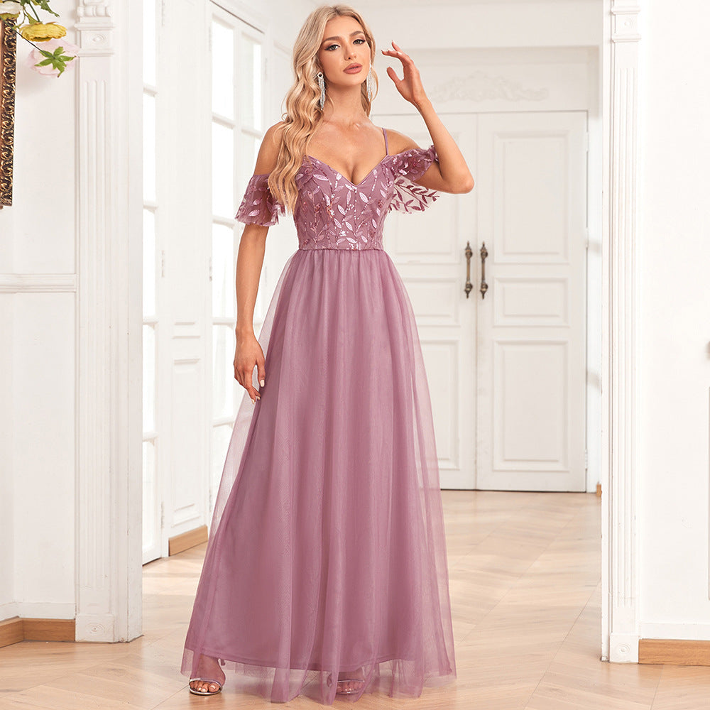 Women Elegant Off The Shoulder Strap Sleeve Double V Neck Tulle Stitching Embroidered Sequ A Swing Long Party Evening Dress - View 3 | VelvetHem