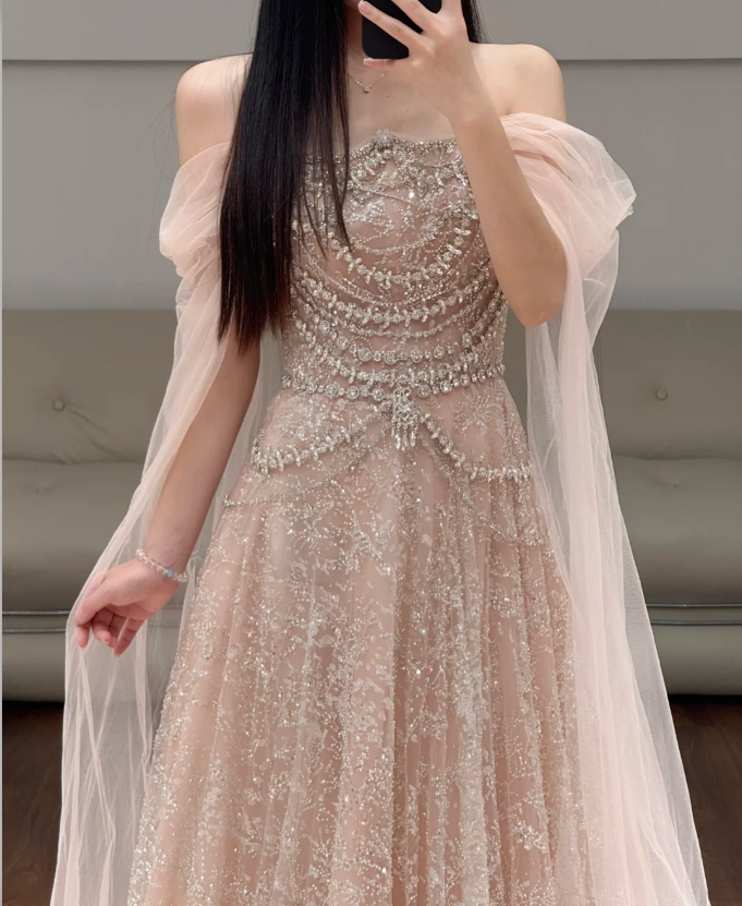 Off-the-Shoulder Tulle Pink Prom Party Dress Evening Dress Birthday Dress - View 2 | FashionDia