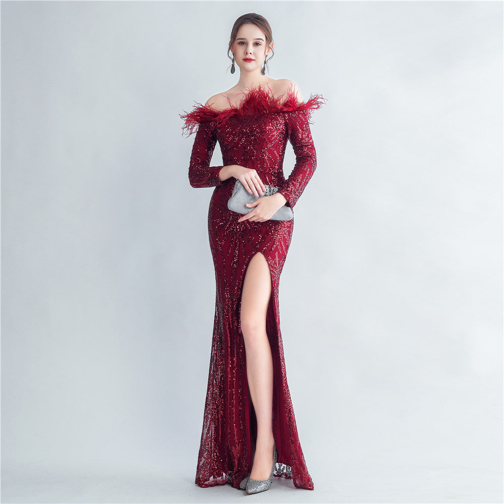 High Density Ostrich Hair Sequin Off Shoulder Fishtail Evening Dress - View 9 | VelvetHem