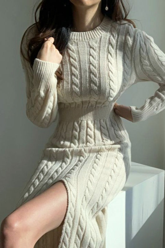 Ribbed Reversible Crewneck Split Hem Sweater Dress - View 4 | VelvetHem