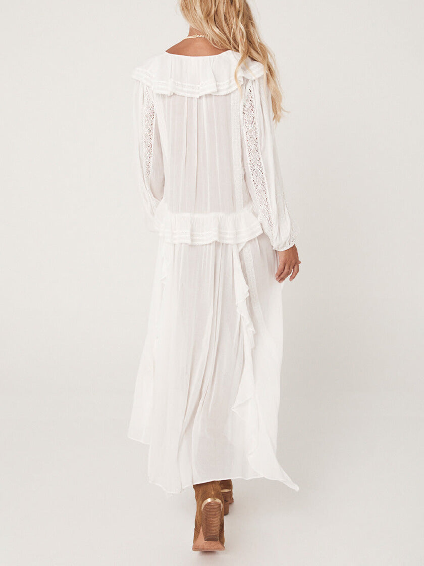 New Vintage Lace Lantern Sleeve Robe Dress - Fashionpara