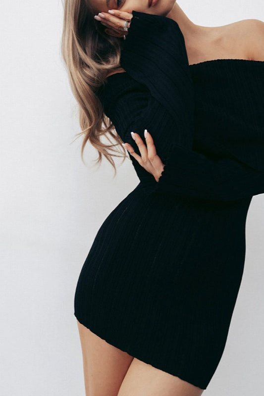 Off-Shoulder Long-Sleeve Bodycon Mini Sweater Dress - View 6 | VelvetHem