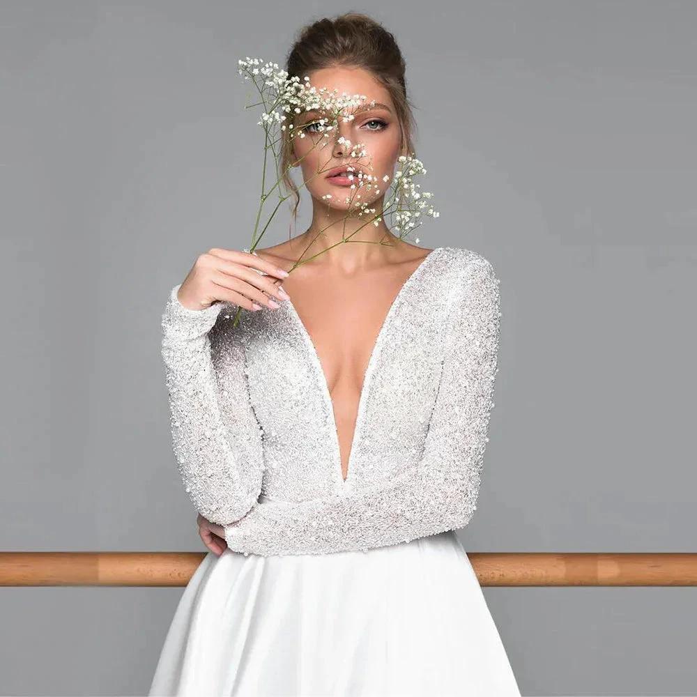 Luxury Long Sleeve Satin Wedding Dress Deep V-Neck Side Split Bridal Party Gown vestido de novia Sweep Train 2023 (ZD13471)